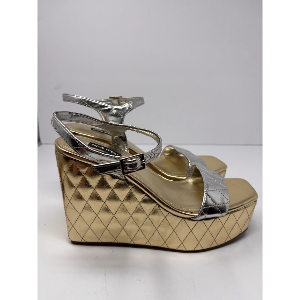 Nine West Nila Silver Buckle Closure Squared Open Toe Platform Wedge Sandal 10M - Picture 4 of 7